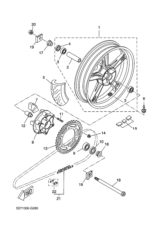 16, 13, 11 or 12 Rear wheel axle Yamaha MT 125 / YZF R 125